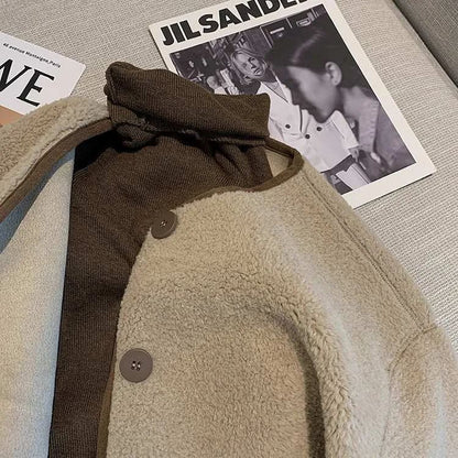 Korean Style Short Lamb Fur Jacket Women's Crew Neck Lazy Style Outerwear Autumn Winter New Arrival Soft Cozy round Neck Top