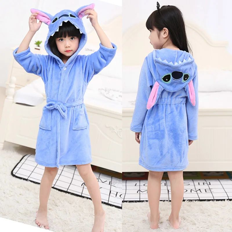Roupão Disney Stitch Infantil Menina Pijama 3 4 5 6 7 Anos Azul Flanela Inverno Crianças Pijama Meninos Robe