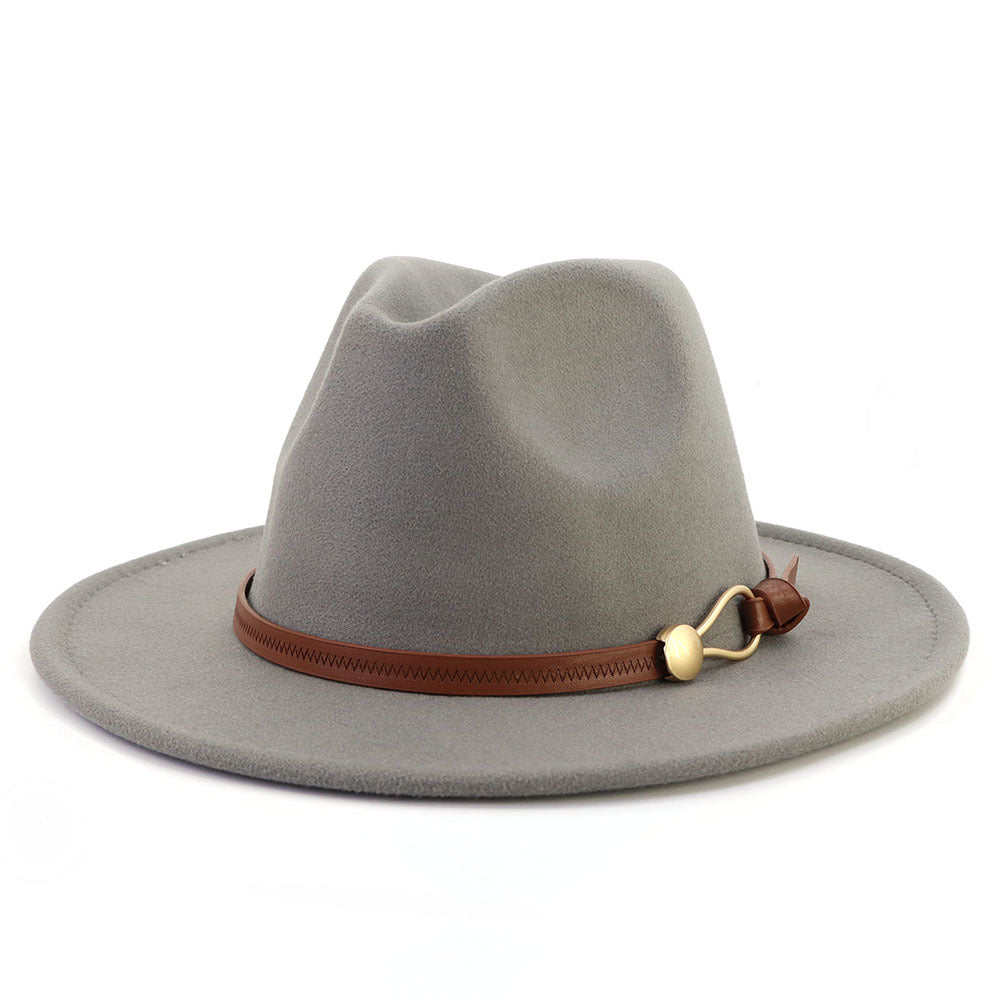 New Brown Belt Buckle Jazz Fedora Hat Autumn Winter Women Men Party Church Top Hat Wide Brim Sun Hat Felt Panama Cap