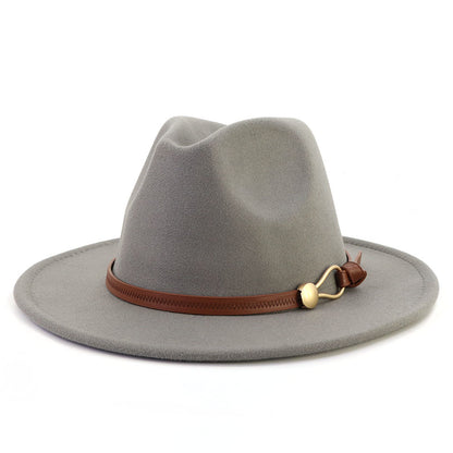 New Brown Belt Buckle Jazz Fedora Hat Autumn Winter Women Men Party Church Top Hat Wide Brim Sun Hat Felt Panama Cap