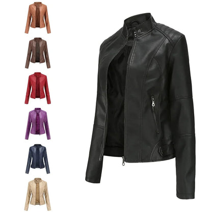 Faux Leather Jacket Women 2025 Autumn Spring Women's Moto Biker Jacket Red Black Coat Outerwear Brown Purple Blue 3xl 4xl Coffee
