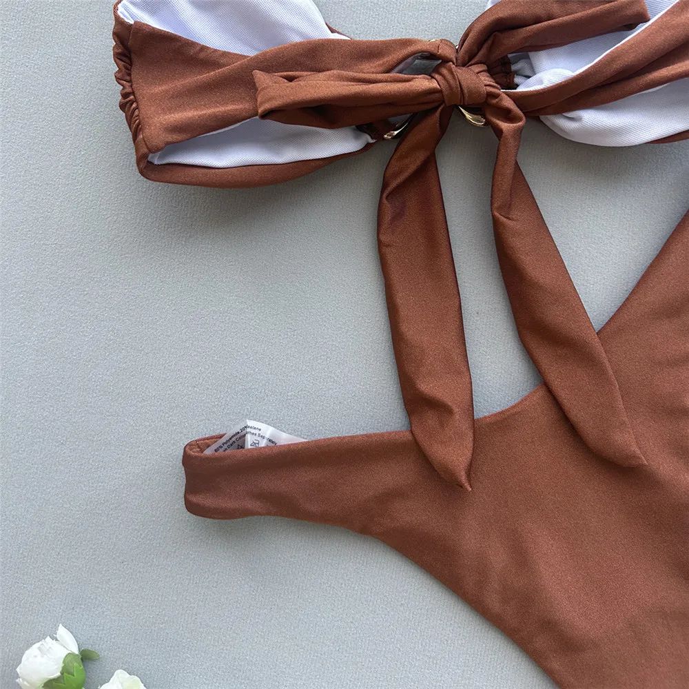 Solid Pink Bandeau Micro Bikini Thong Metal Ring Sexy Swimsuit Women Holiday Ladies Swimwear High Cut Bathing Suit Bikinis Sets