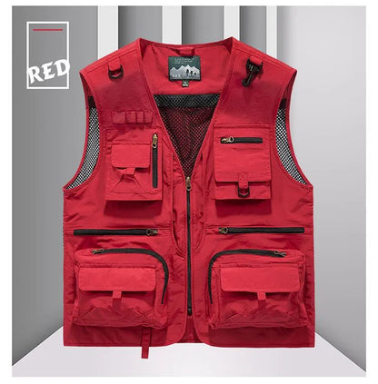 Colete Masculino de Malha com Vários Bolsos Secagem Rápida Sem Mangas Jaqueta Repórter Solto Casual Fino para Pesca Colete Masculino