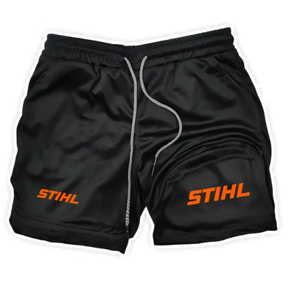 Men's Double Layer Fitness STIHL Shorts Drawstring Mesh Lining Elastic Waist Breathable Quick Dry to Beach Pool Summer Male