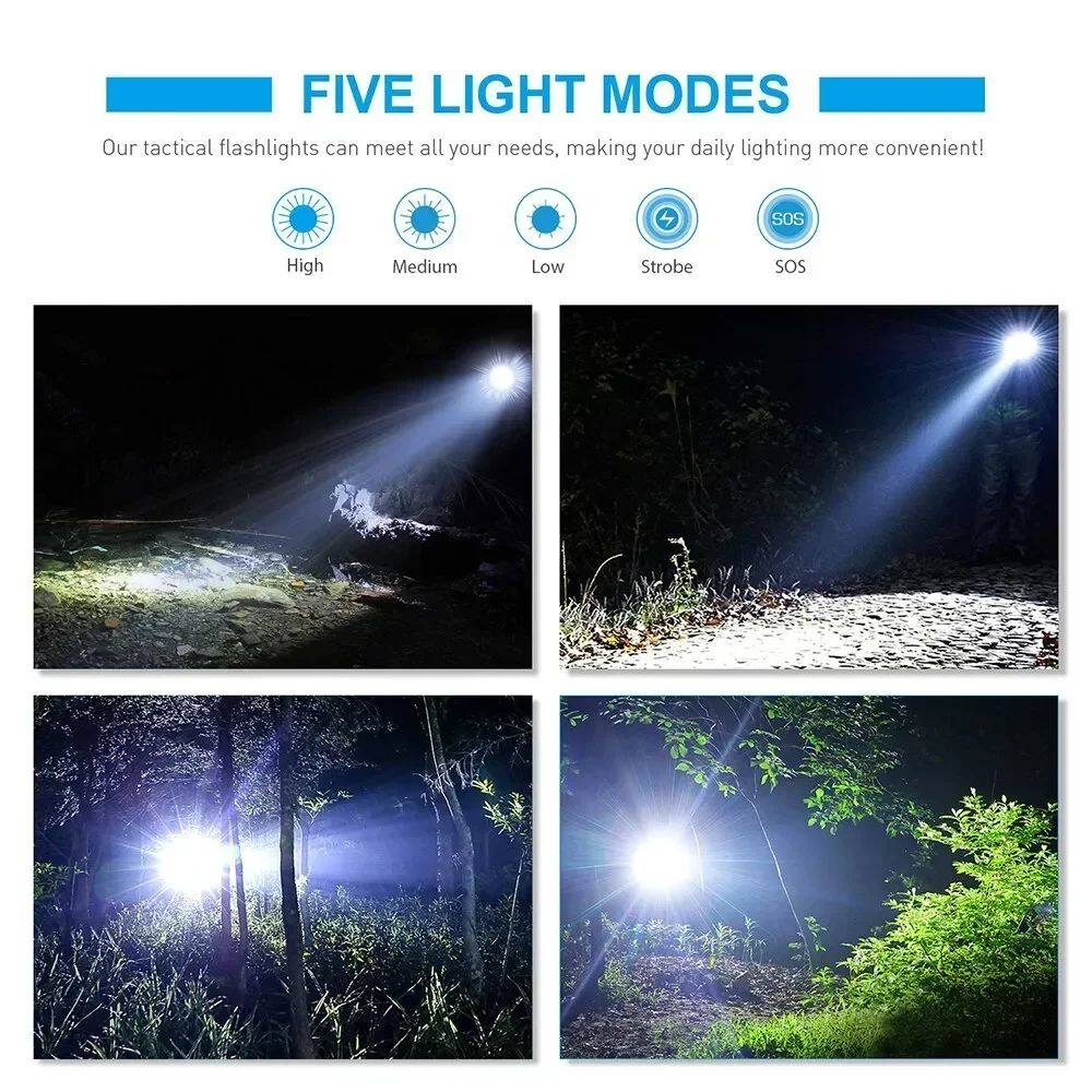 High Power T6 LED Flashlights Camping Torch 5 Light Modes Zoom Light Aluminum Alloys Waterproof Material External 18650 Battery