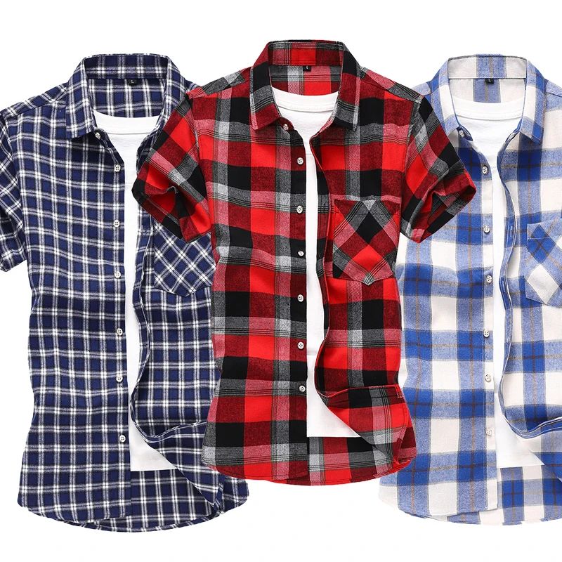 2025 new red summer men's shirts short-sleeved plaid fat big yards youth casual shirt.