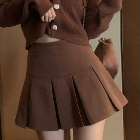Vintage Brown Pleated Skirt Women Spring Summer Korean Style Y2K High Waisted A-line Mini Skirts Preppy Style Girls Causal