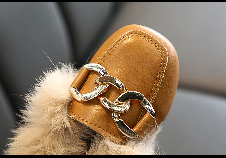 Kids Fur Shoes Children Velvet Shoes Baby Girls Warm Flats Toddler Black Brand Shoes Princess Loafer Chain Moccasin For Winter