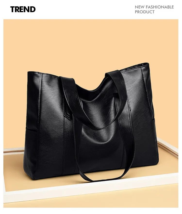 Female Big Soft Leather Satchel Bag Classic Solid Color Simple Casual Large Capacity Tote Single Shoulder Bag Purses and Handbag