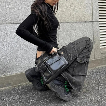 Low Waist Workwear Pants Women's Slimming Floor-Length Bell Bottoms Trendy Y2K Millennium Cargo Trousers Retro American Style