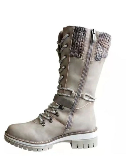 2025 Women Winter Buckle Lace Knitted Mid-calf Boots Low Heel Round Toe Boots Top Quality Winter Warm Boots Women Botas De Mujer