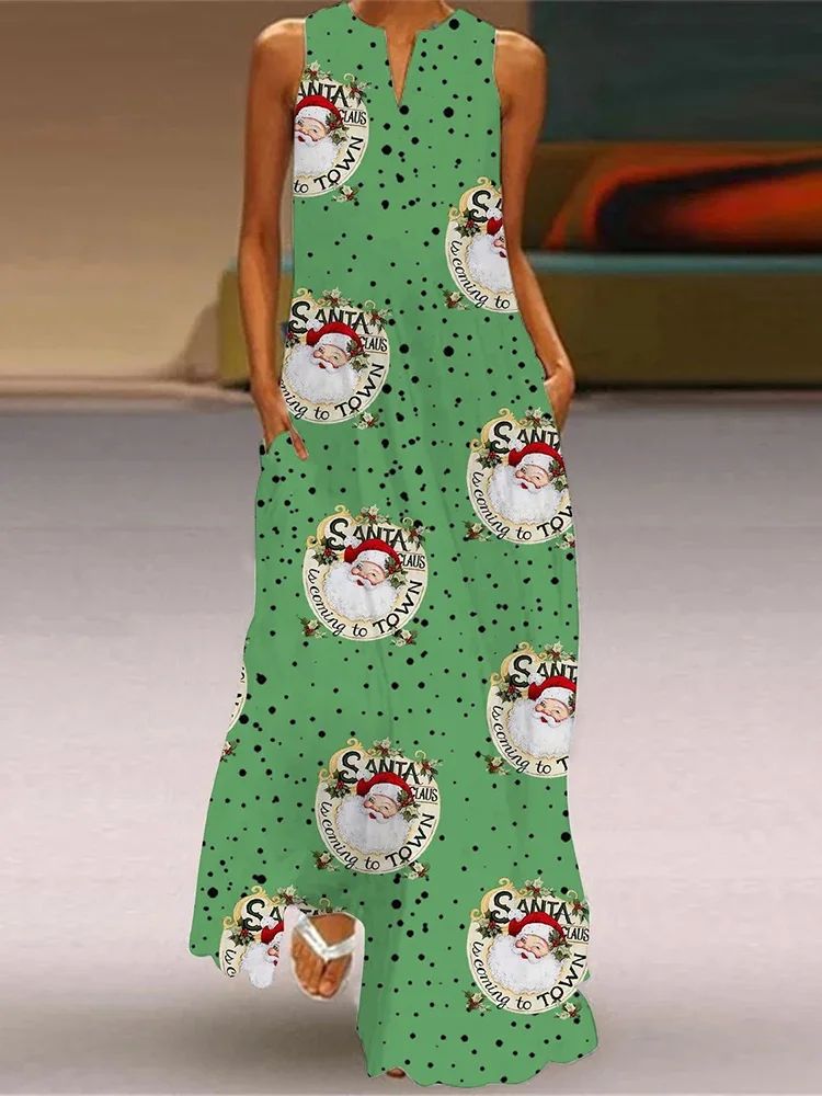Christmas Dress For Womens Cute CartoonChristmas Element Pattern Print Maxi Dress Sexy Sleeveless V-neck Casual Long Dress Robe