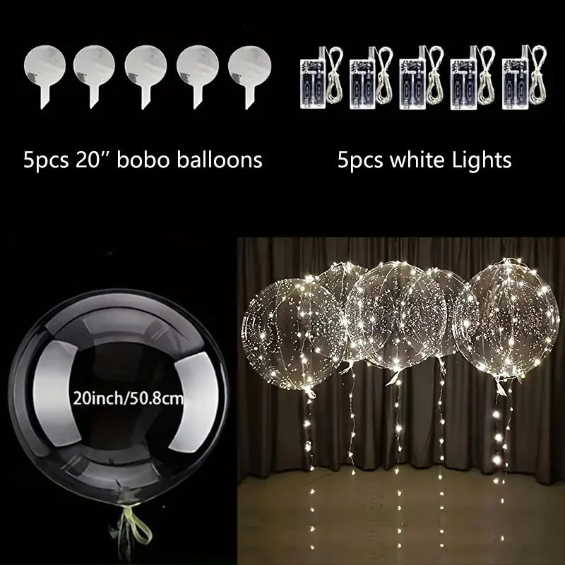 5 Sets LED Glow Balloons 20 Inch Clear Light Up Bobo Balloon with 3M String Lights Party Wedding Birthday Christmas Decoration