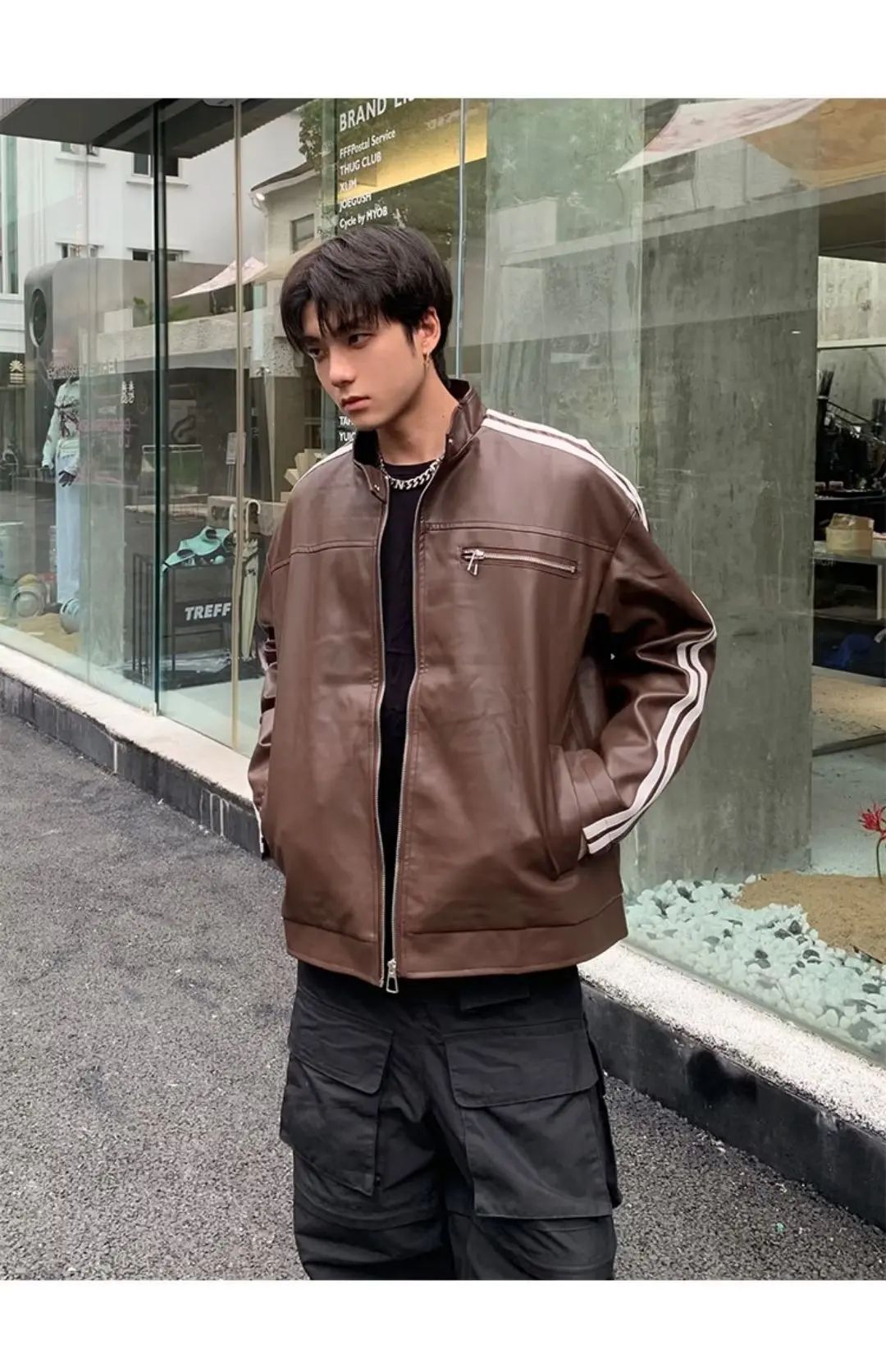 Retro Leather Jacket Men Women  American Patchwork Strip Racing Outerwear Loose Hip Hop Zippers Brown PU Coat Streetwear Spring