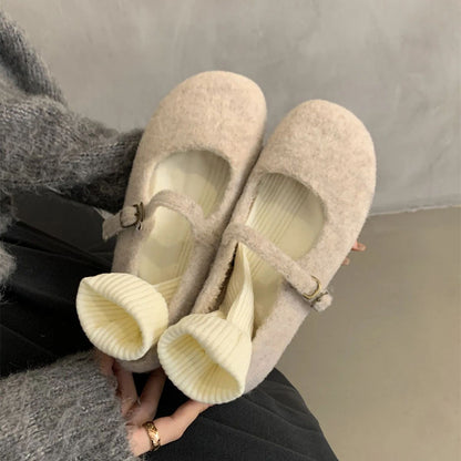 Fashion Square Toe Fleece Flet Ballet Flats Woman Winter Warm Wool Mary Jane Shoes Ladies Brand Design Elegant Plush Loafers
