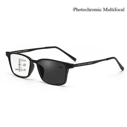 Óculos Multifocal Fotocromático para Presbiopia Armação Quadrada Óculos de Leitura para Negócios Luz Azul Lentes Acabadas para Vista Longa