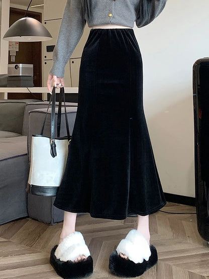 Elastic Velvet Long Black Skirts Women 2025 Casual Korean Fashion Y2k Clothes Mid Length Elegant High Waist Harajuku Maxi Skirt