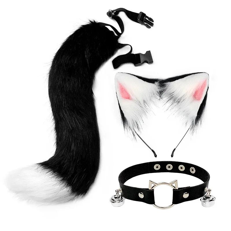 Costume Set Fox Tail Ears Gloves Artificial Fur Boot Covers Cosplay Halloween Prop Adult Women Men Unisex