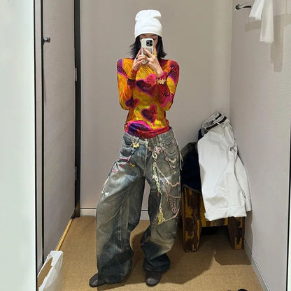 Calça Jeans Casual Unissex com Estampa Digital 3D de Corrente de Doce Estilo American High Street, com Efeito Desgastado e Perna Reta