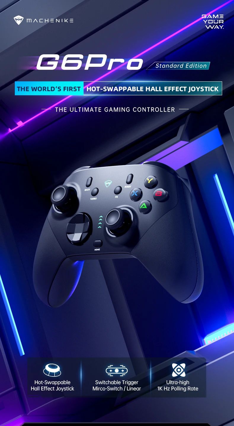 G6 Pro Tri Mode Gamepad Wireless Controller for PC Nintendo Switch 2 Hall Effect Joystick Polling Rate MACHENIKE Game Controller