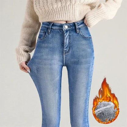 Winter Lady Thermal Plush Jeans Snow Warm Stretch Jeans Hot Sale High Waist Fleece Pants Female Straight Leg Denim Trousers