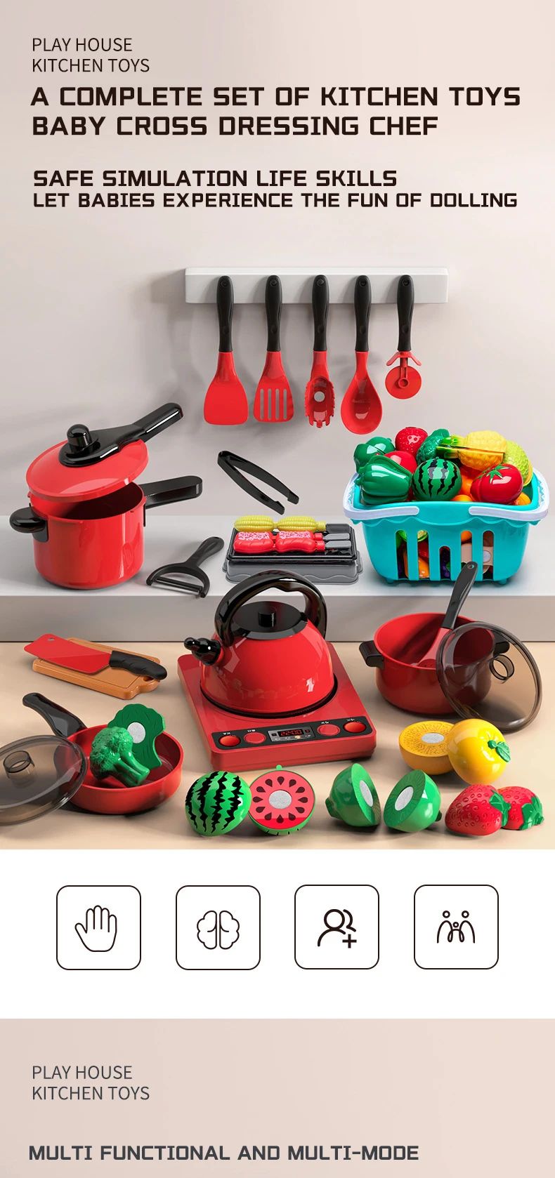 Brinquedos Infantis de Faz de Conta Cozinha Vermelha Brinquedos de Simulação de Alimentos Cozinhando Brinquedos Interativos Educacionais de Casa para Meninas Meninos