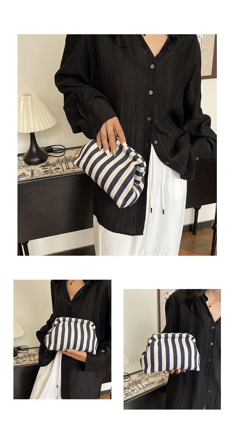 Summer Woven Crochet Striped Women's Handbag Large Capacity Knitted Beach Evening Bag Casual Ladies Colorblock Niche Cloud Bag