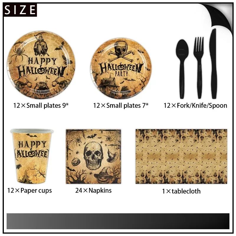 Conjunto de Louça de Festa de Halloween Pratos Festivos Guardanapos Toalha de Mesa Louça Descartável para 10/12 Convidados Decoração de Halloween