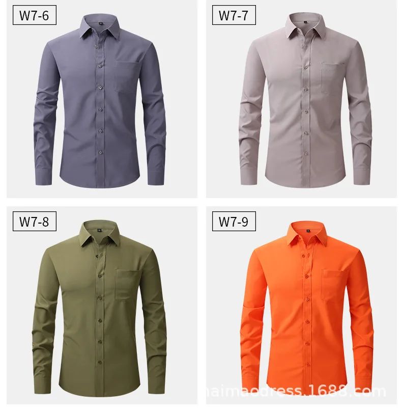 Iron-Free Long Sleeve Silk Smooth Drapey Wedding Shirt for Men Summer Business Formal Wine Red Large Size Men's Clothing