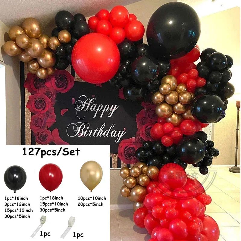 127pcs Red and Black Gold Balloons Garland Arch Kit Birthday Theme Party Decoration Valentines Day Wedding Party Air Globos