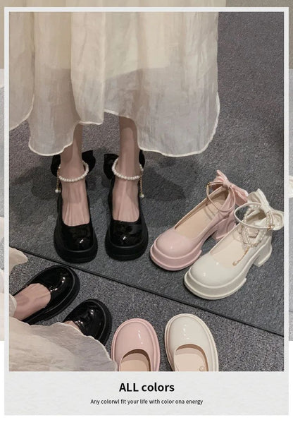 Women Thick Platform Mary Janes Lolita Shoes Party Pumps Summer 2024 New High Heels Sandals Bow Chain Mujer Shoes Oxford Zapatos