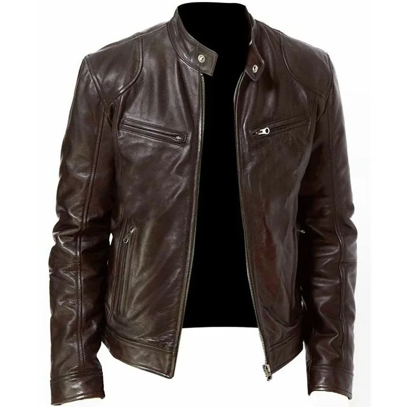 2024 Fashion Mens Leather Jacket Slim Fit Stand Collar PU Jacket Male Anti-wind Motorcycle Lapel Diagonal Zipper Jackets Spring