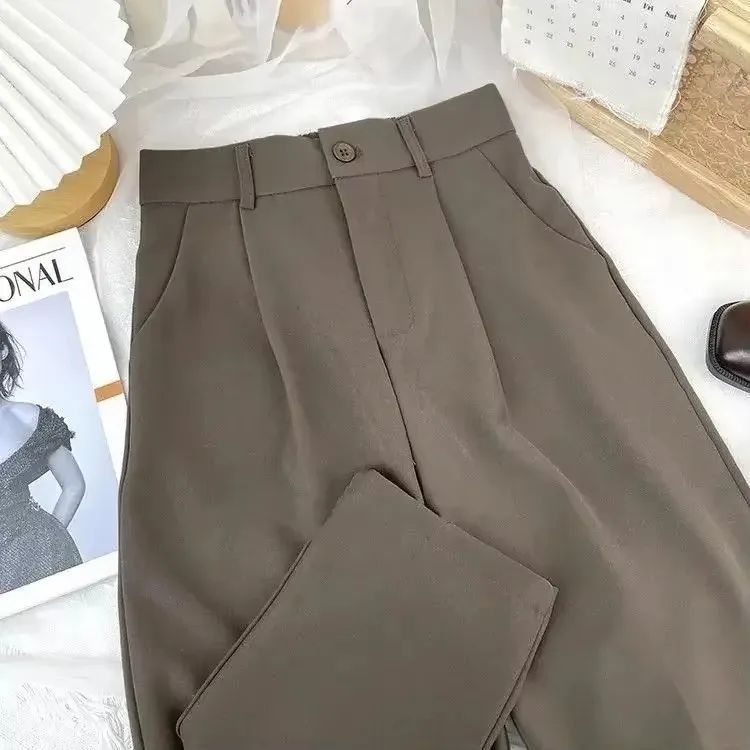 Fashion Elastic High Waist Suit Pants Women Fall Spring Casual Loose Straight Black Trouser Office Ladies Nine Points Streetwear