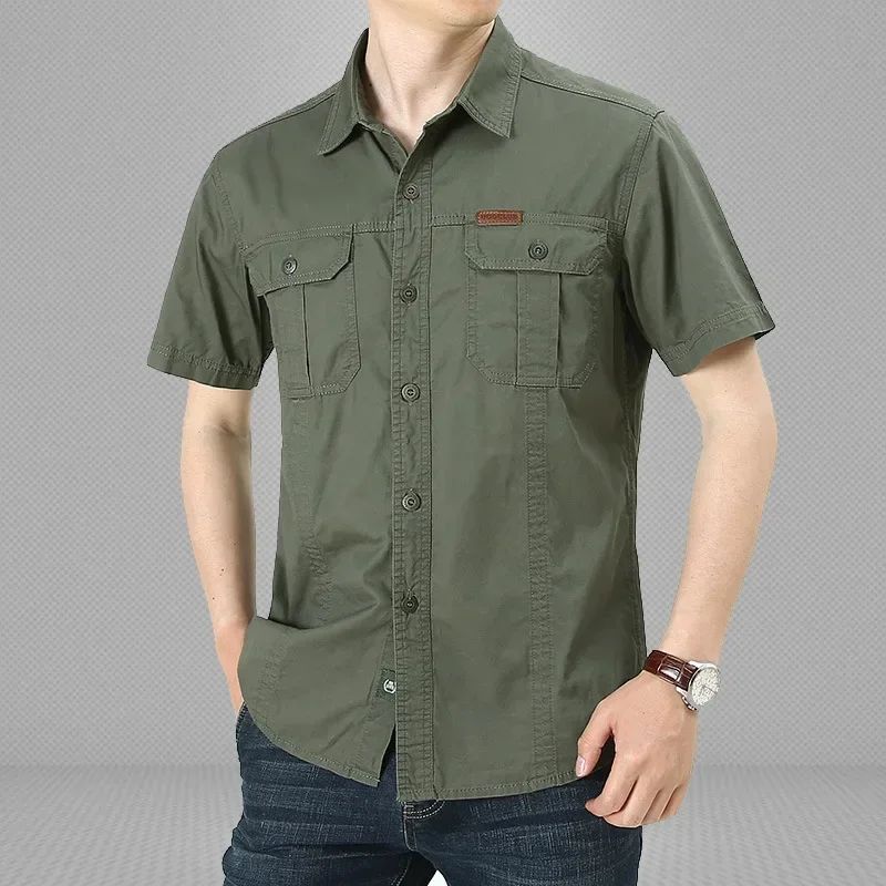 Summer Quick Dry Short Sleeve Mens Army Fan Tactical Shirts Male Solid Thin Lapel Cargo Shirt Tops Outdoor Hiking Military Shirt