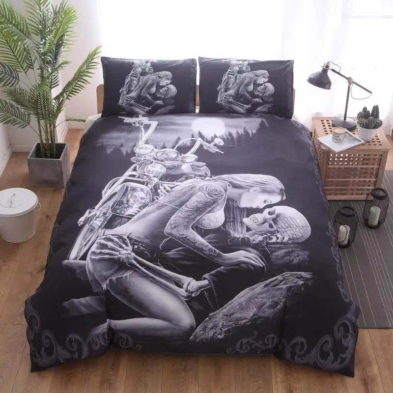Lovers Skull Duvet Cover Sets Black King Queen Size Bed Sets Motorcycle Beauty Skull Bedroom Bedding Set For Happy Halloween 638