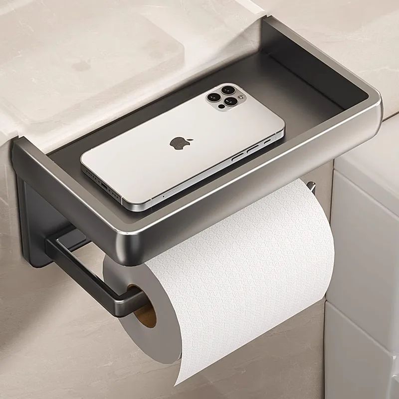 Suporte de Papel Higiênico de Liga de Alumínio para Montagem na Parede Organizador de Armazenamento de Banheiro Suporte para Celular Acessórios de Banheiro