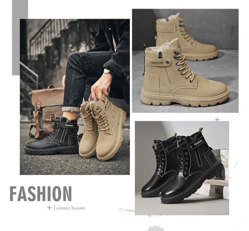 High Top Men's Shoes for Spring and Autumn, New Anti Slip and Waterproof Desert Boots Outdoor Zipper Hiking Shoes Work Boots