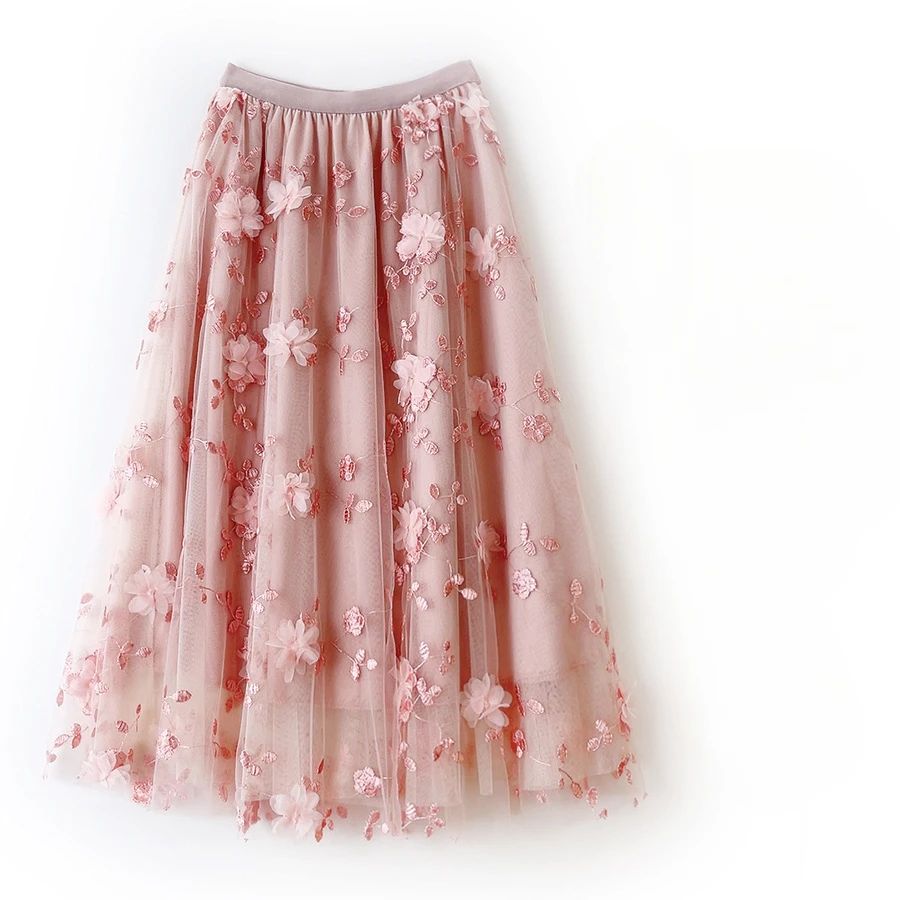 New in A-Line High Waist Embroidery 3D Flower Tulle Midi Skirt Women Spring Summer Pink Chic Elegant Mesh Party Long Skirt
