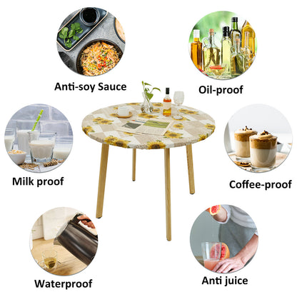 Waterproof Round Tablecloth Elastic Fixation Edged PVC Table Cover Flannel Backed Table Pad Oil-Proof for Dining Table Kitchen