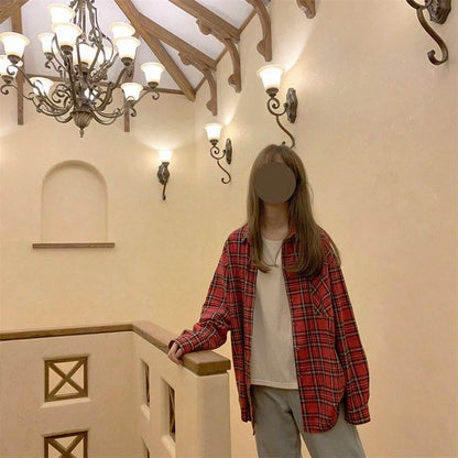 Scottish Red Plaid Shirt Luxury Hong Kong Style Vintage Loose Fit Women's Button up Shirt Polo Collar Full Sleeve Slim Fit