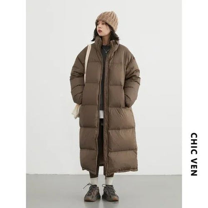 CHIC VEN Women Down Coats New Long Thick Warm Down Jackets Overcoat White Duck Down Loose Casual Jacket Autumn Winter 2023