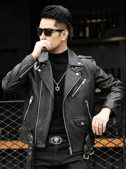 Long Sleeve Belt Plus Size European Fashion brand Spring Autumn Short Cool Black Leather Biker Jacket Men Zipper leather jackets