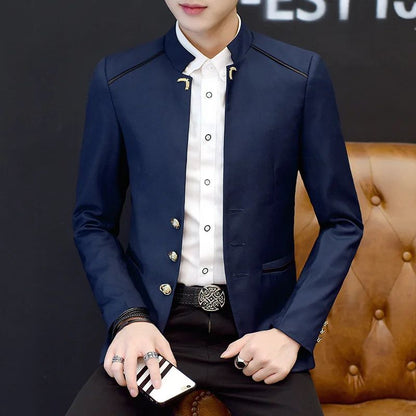 2024 Spring New Men's Stand Collar Casual Suit Jackets Youth Fashion Solid Color Stitching Three Button Mens Blazer Coats