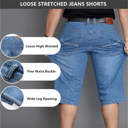 Summer Shorts Calf Length Trousers Plus Size 48 42 Men Denim Elastic Stretched Thin Jean Oversized Classic Straight Streetwear