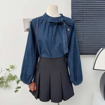 French Vintage Butterfly Knot Belted Bubble Sleeve Shirt Women Spring 2025 New Fashion Ageless Loose Stand Collar Top