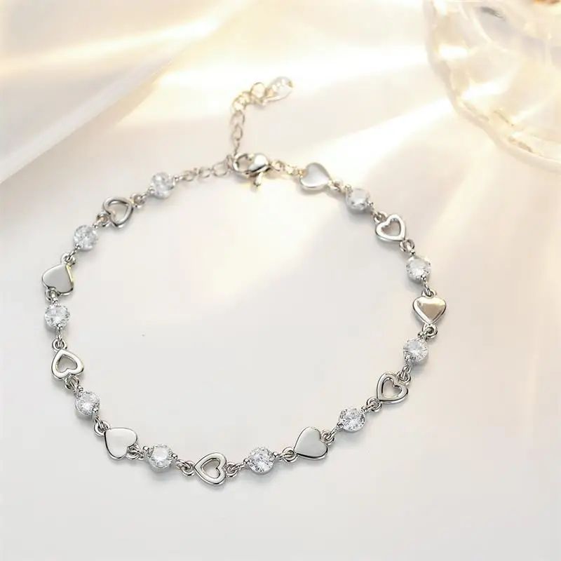 Pulseira Coração Prata 925 Esterlina Feminina Retro Coreana Versátil Zircônia Charme Pulseiras Original Festa Joias Presentes
