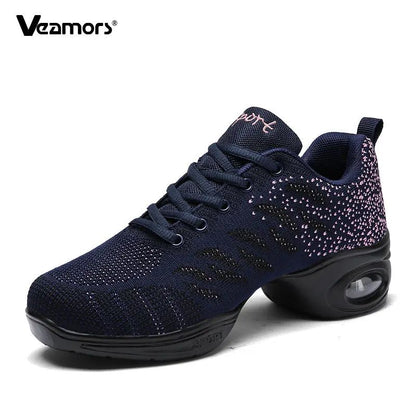 Ladies Modern Fashion Dance Shoes Breathable Mesh Jazz Dancing Shoes Ballroom Training Casual Sports Shoes Knitted Sneakers