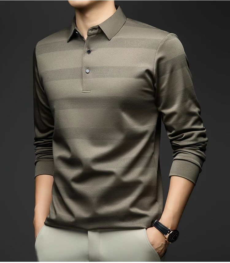 BROWON Elegant Mens Polo Shirts 2025 Spring Autumn Long Sleeve Lapel Collar Big Striped Pattern T-shirt Male New in Tops & Tees