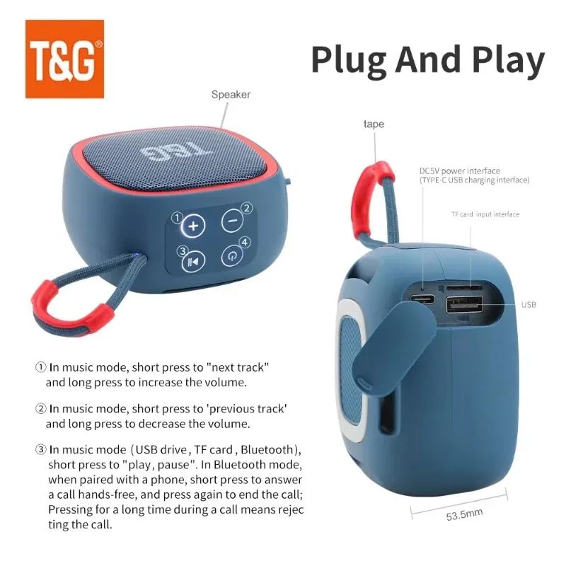 Caixa de som Bluetooth T&G TG659 Mini Sem Fio Potente à Prova D'água TWS Bluetooth 5.3 com Alto-falante HIFI e Suporte para Cartão TF e Rádio