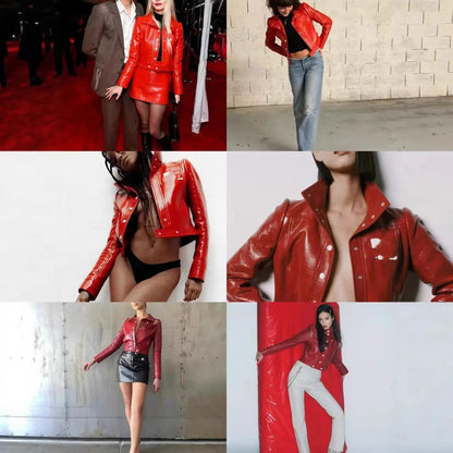 Trendy Luxury French Cou Logo Silhouette PU Leather Jacket Black Wine Red Short Coat Half Skirt Set Women's Fashion Outerwear